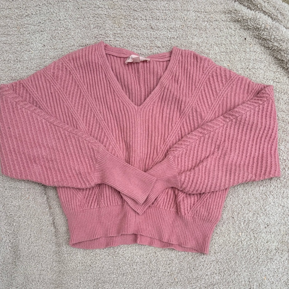 Women's V-Neck Ribbed Knit Balloon Sleeve Sweater - Pink | Size Large